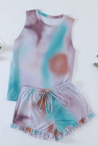 Débardeur bleu clair et short à volants 