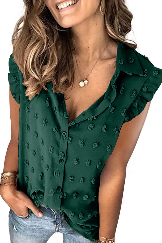 Camiseta sin mangas con cuello vuelto y volantes con lunares