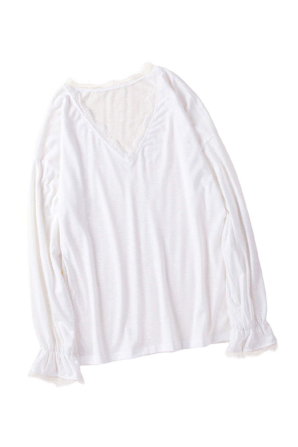 Solid Color Lace V Neck Long Sleeve Top