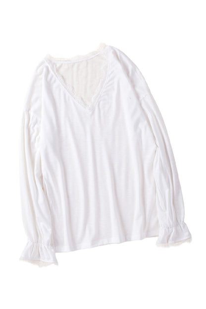 Solid Color Lace V Neck Long Sleeve Top