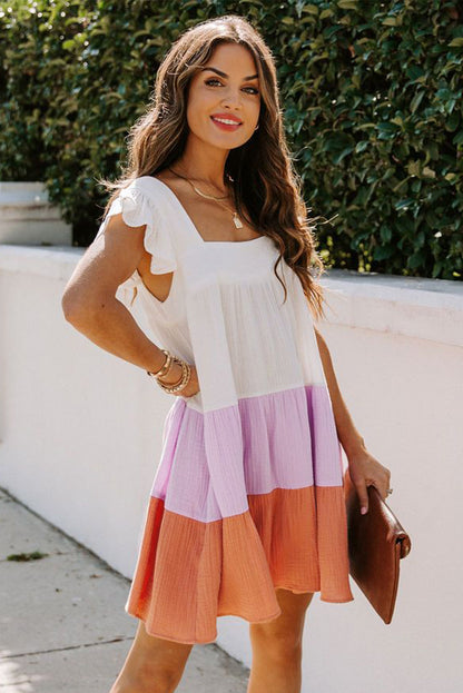 Multicolor Square Neck Triple Color Block Tiered Babydoll Dress