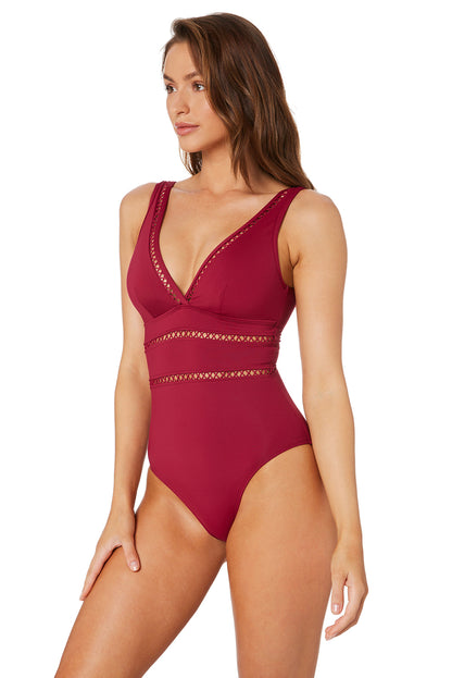 Maillot de bain une pièce plongeant à imprimé floral et treillis 