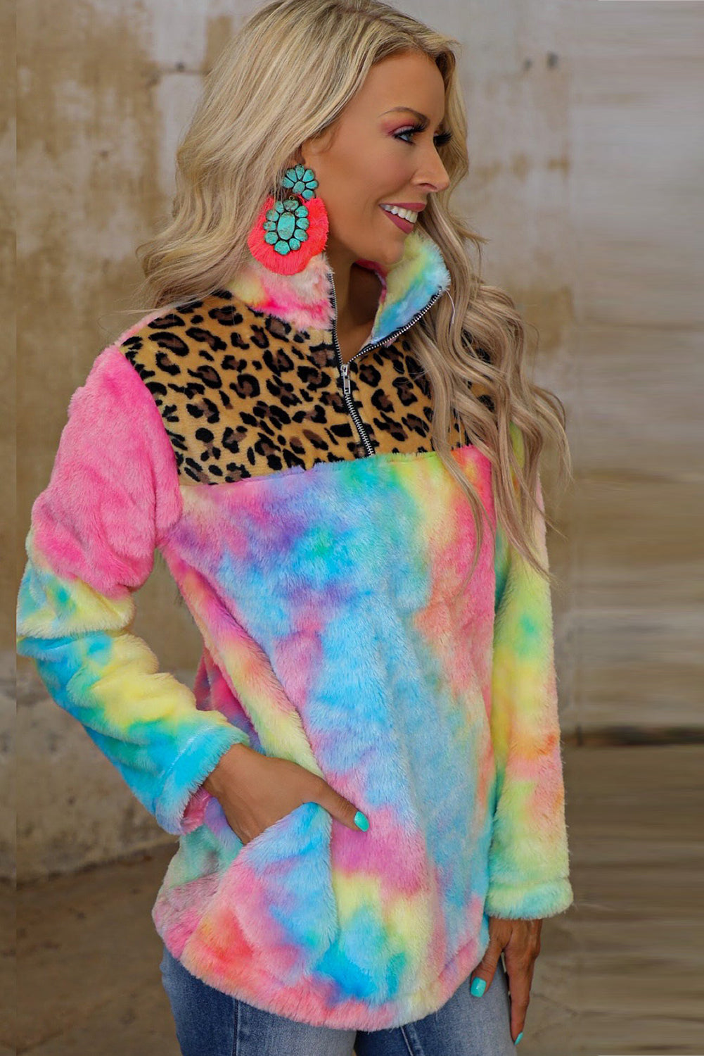 Sudadera de polar con efecto tie-dye y empalme de leopardo