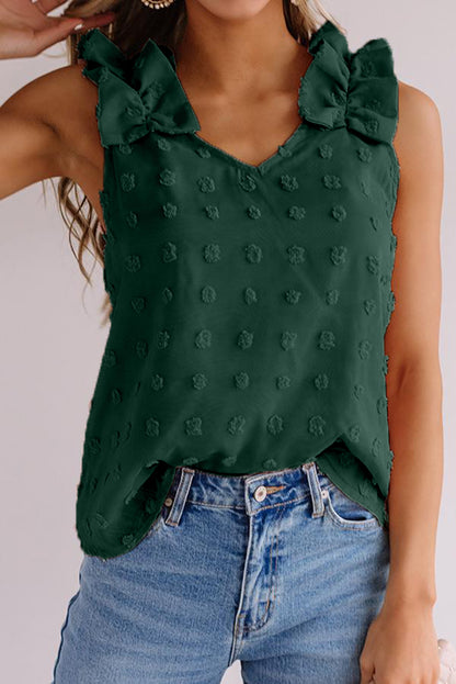 Top sin mangas de tejido Swiss Dot con tirantes con volantes 