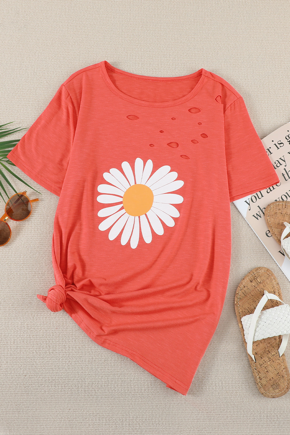 Distressed Crew Neck Leaves Pattern T-shirt