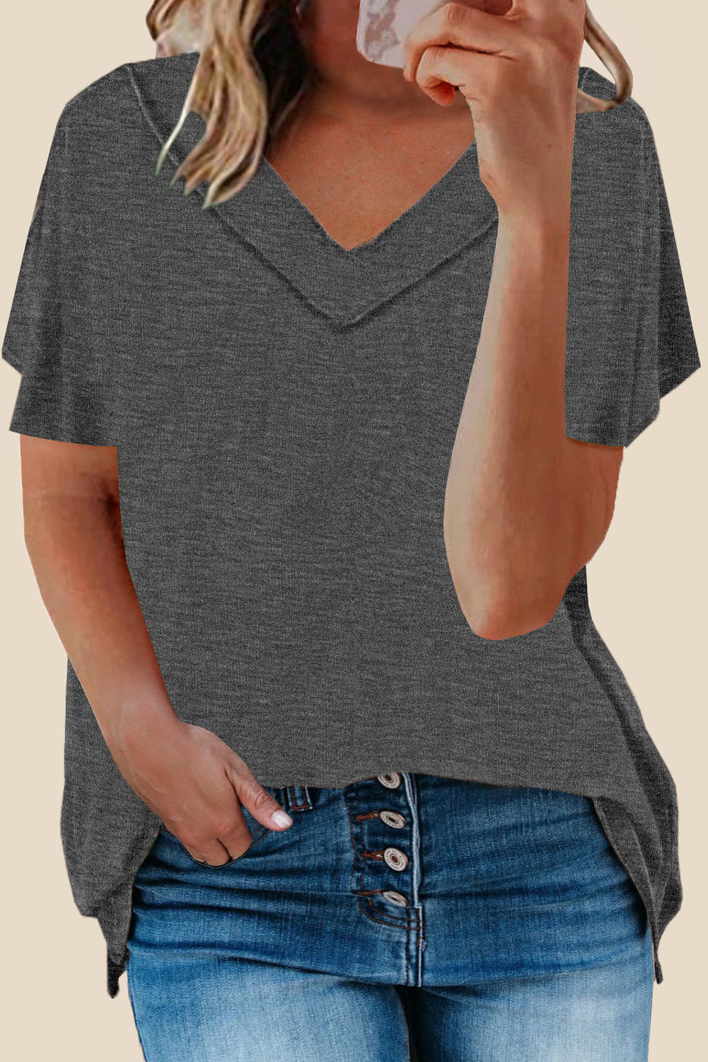 Haut oversize à manches courtes et col en V en mélange de coton délavé minéral 