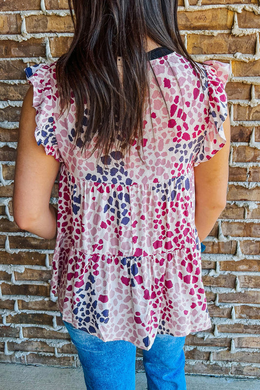 Spotted Print Ruffled V Neck Tank Top