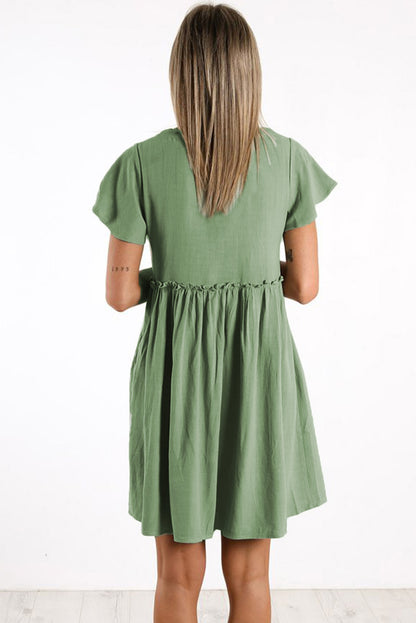 V Neck Buttoned Empire Waist Babydoll Mini Dress