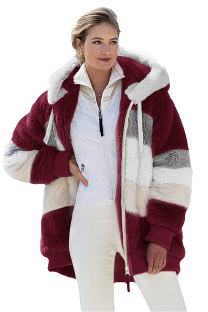 Abrigo sherpa con cremallera y bloques de color rojo vino con capucha 