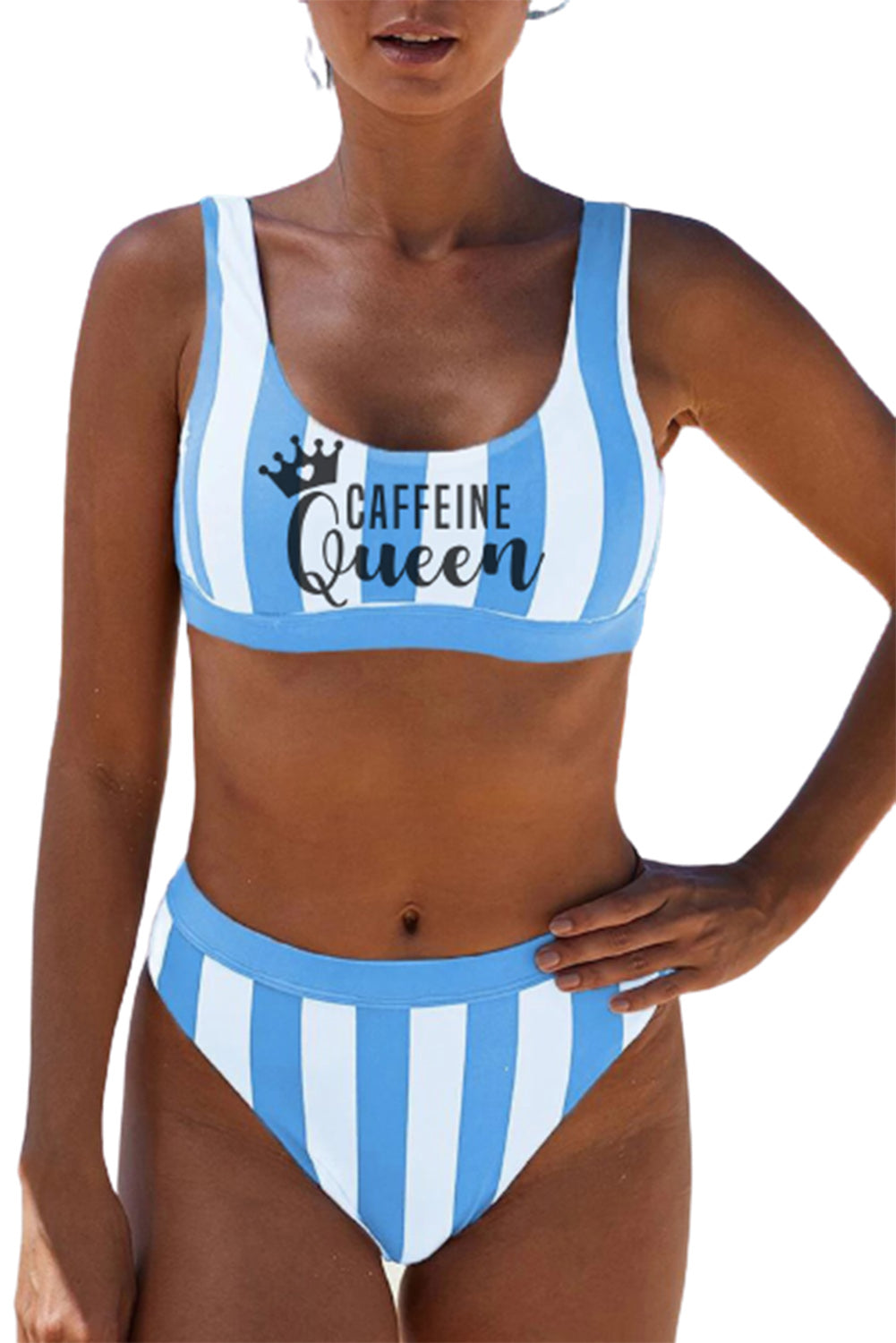 Bikini deportivo de cintura alta con tirantes a rayas 