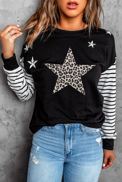Striped Star Print Patchwork Long Sleeve Top
