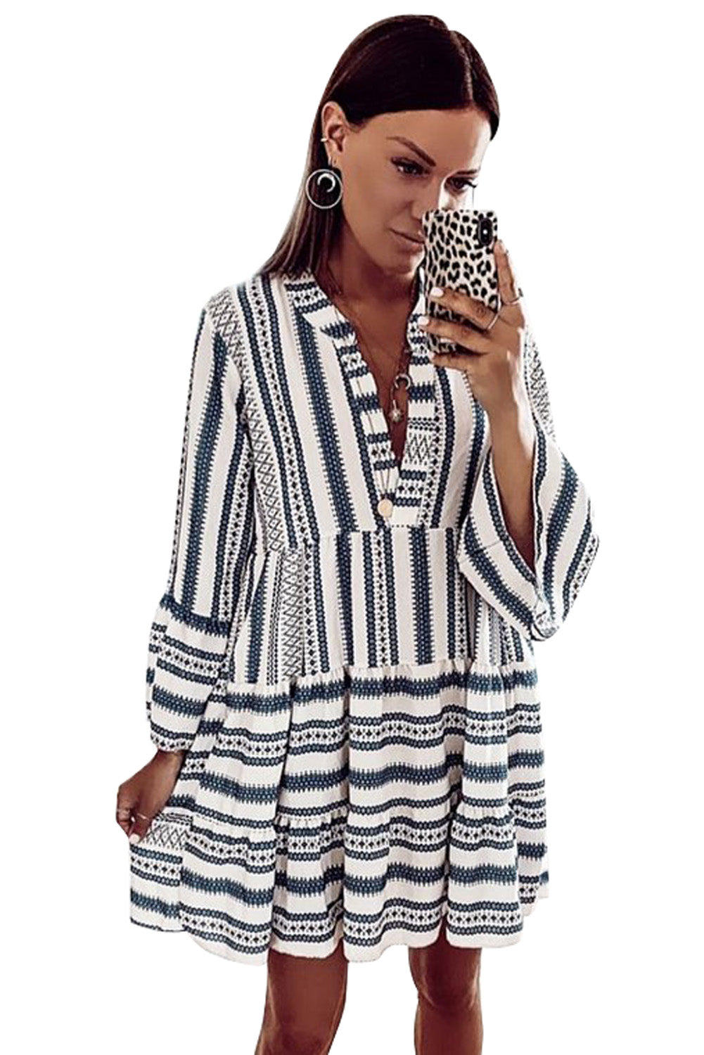 Print V neck Ruffle Swing Mini Dress