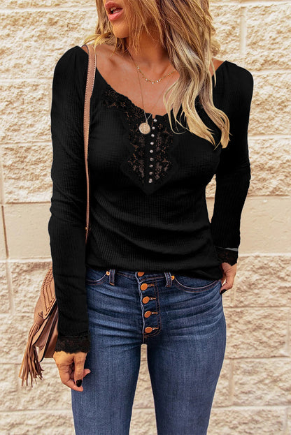 Haut à manches longues côtelé en patchwork de dentelle 