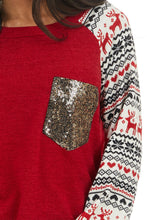 Christmas Print Sleeve Sequin Pocket RaglanTop