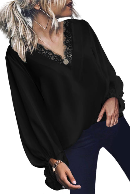 Top de encaje con cuello en V y mangas globo