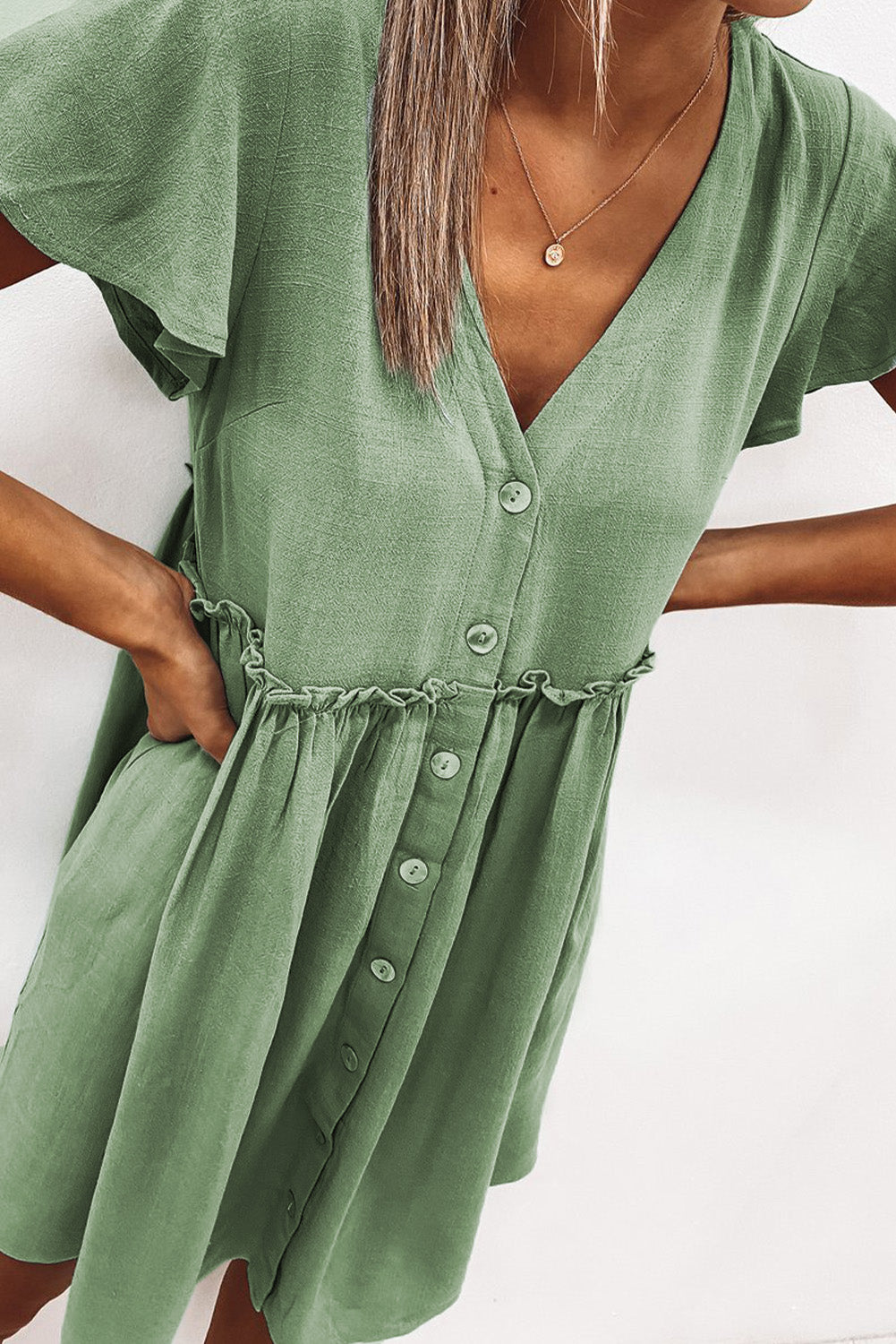 V Neck Buttoned Empire Waist Babydoll Mini Dress