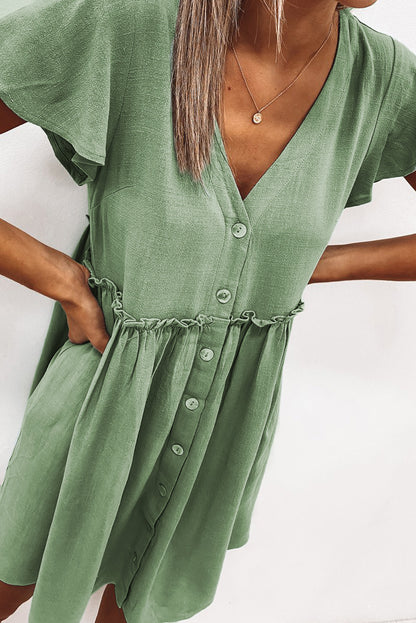 V Neck Buttoned Empire Waist Babydoll Mini Dress