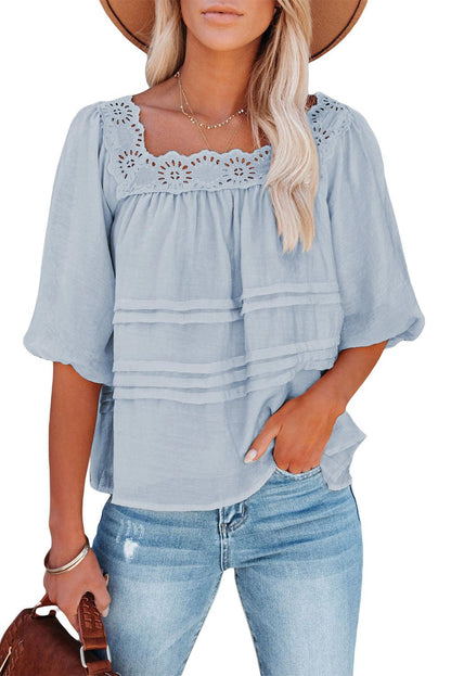 Beige Puff Sleeve Eyelet Babydoll Blouse - HannaBanna Clothing