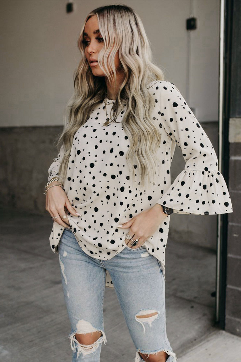Dotted Print Bell Sleeve Top