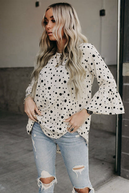 Dotted Print Bell Sleeve Top