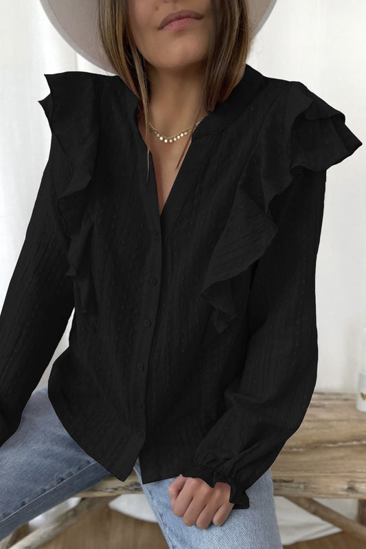 Camisa con mangas de burbujas y volantes transparentes con textura punteada