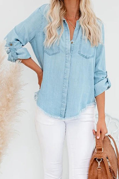 Chemise en jean à manches longues et ourlet effiloché 
