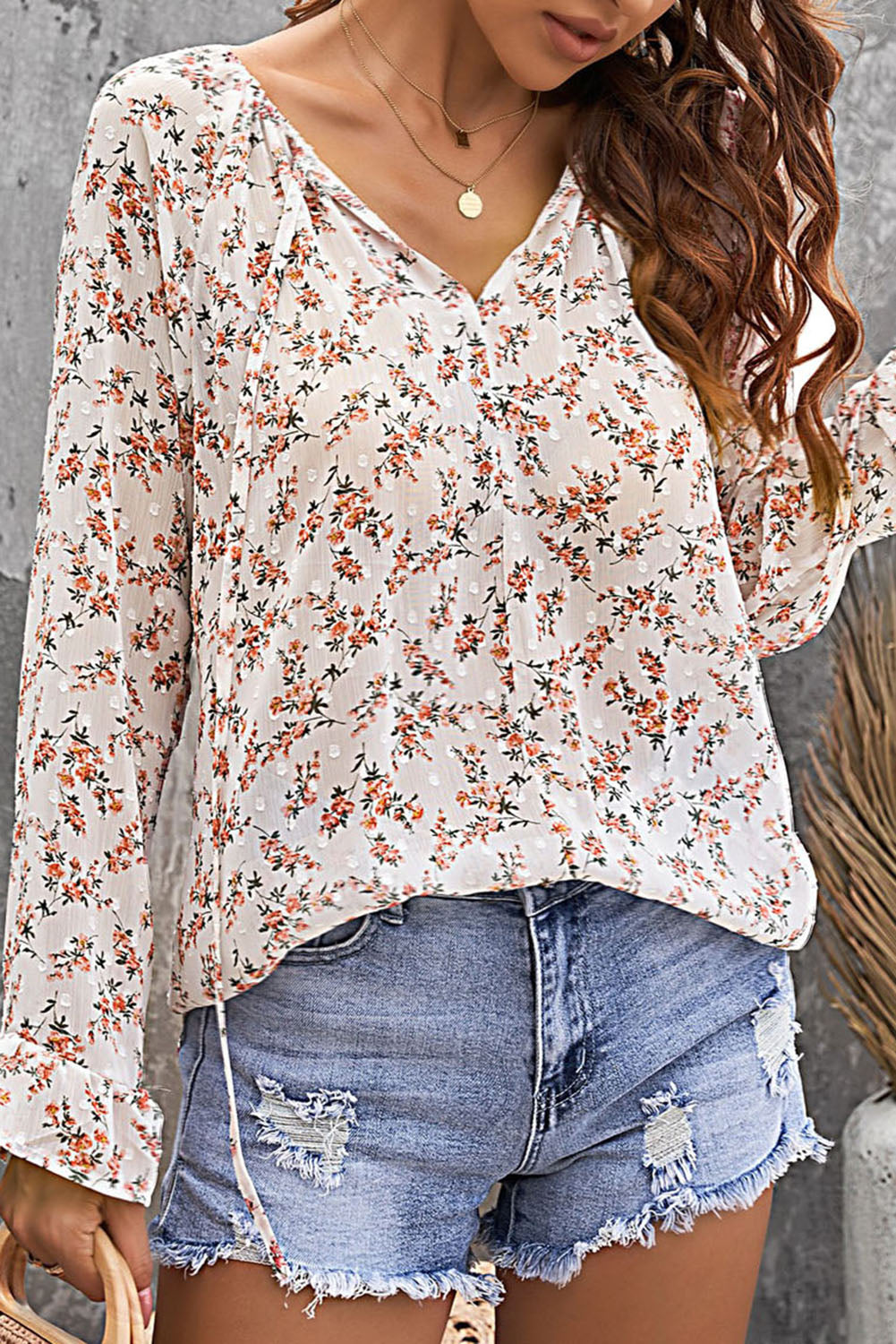 Floral Print Drawstring Long Bell Sleeve Blouse