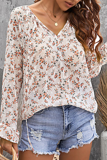 Floral Print Drawstring Long Bell Sleeve Blouse