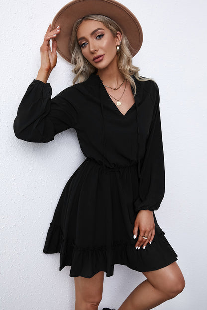 Khaki Bubble Sleeve Split Neck Ruffle Tunic Dress