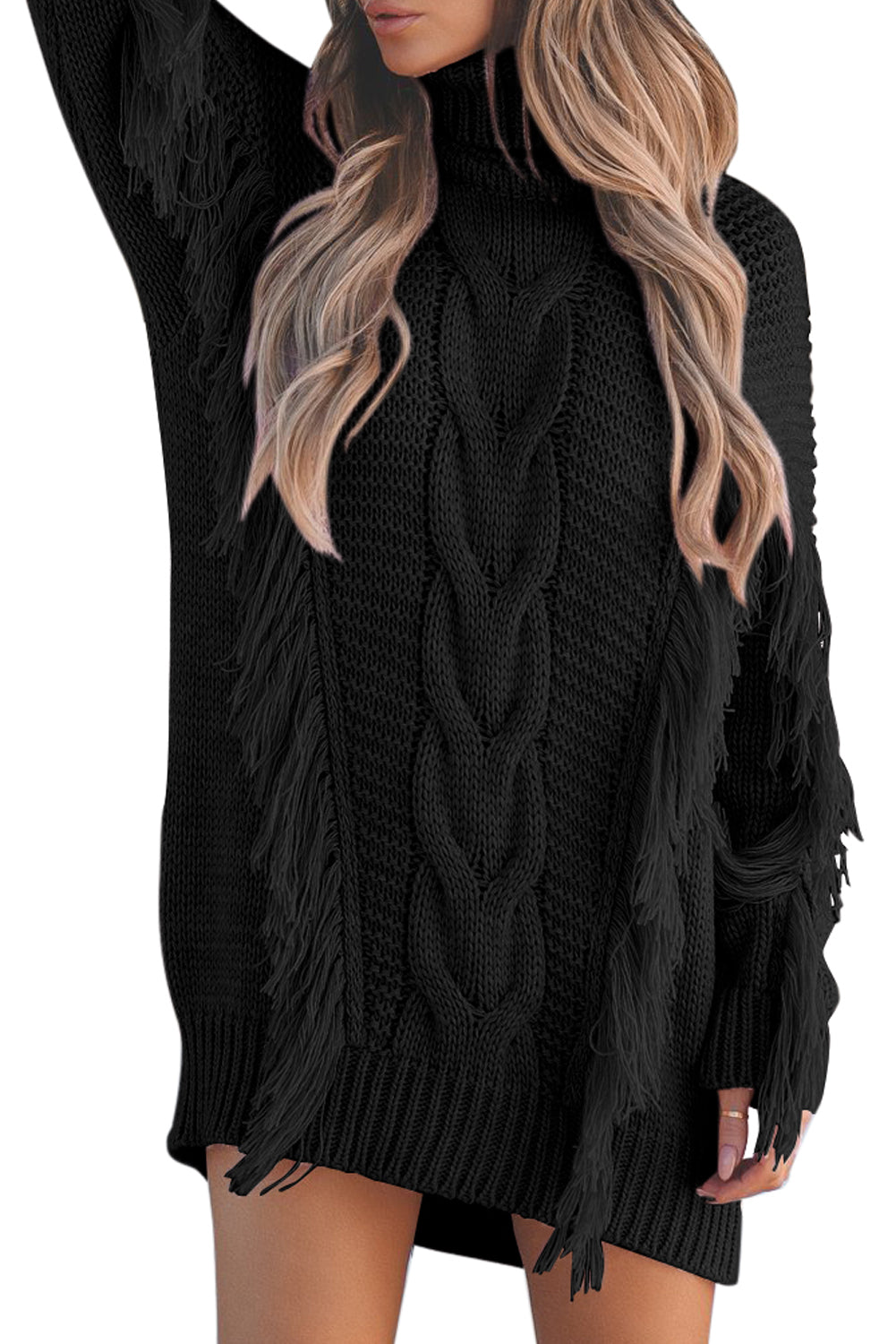 Twist Fringe Casual High Neck Sweater Dress