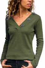 V-neck Button Solid Color Long Sleeve Top