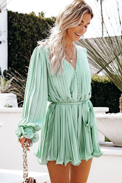 Pleated Ruffled Tie Waist Buttons V Neck Romper