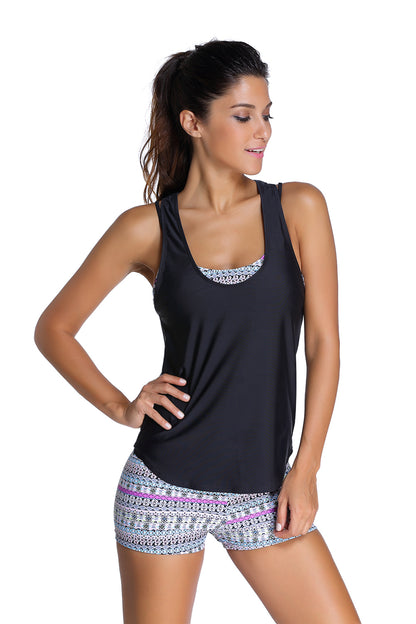 Traje de baño tankini con sujetador deportivo multicolor y chaleco negro