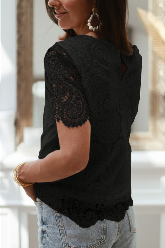 Lace Crochet Overlay Casual Short Sleeves Top