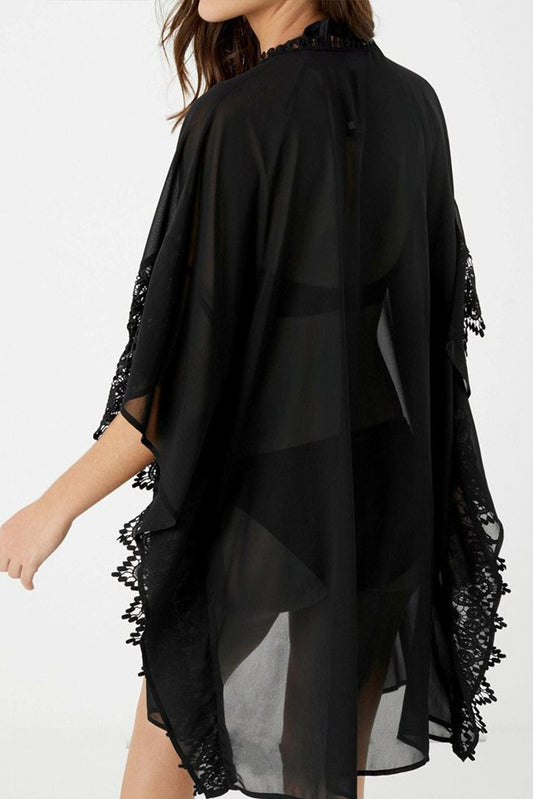 Lace Patchwork Pom Pom Trim Lace-up Open Front Kimono