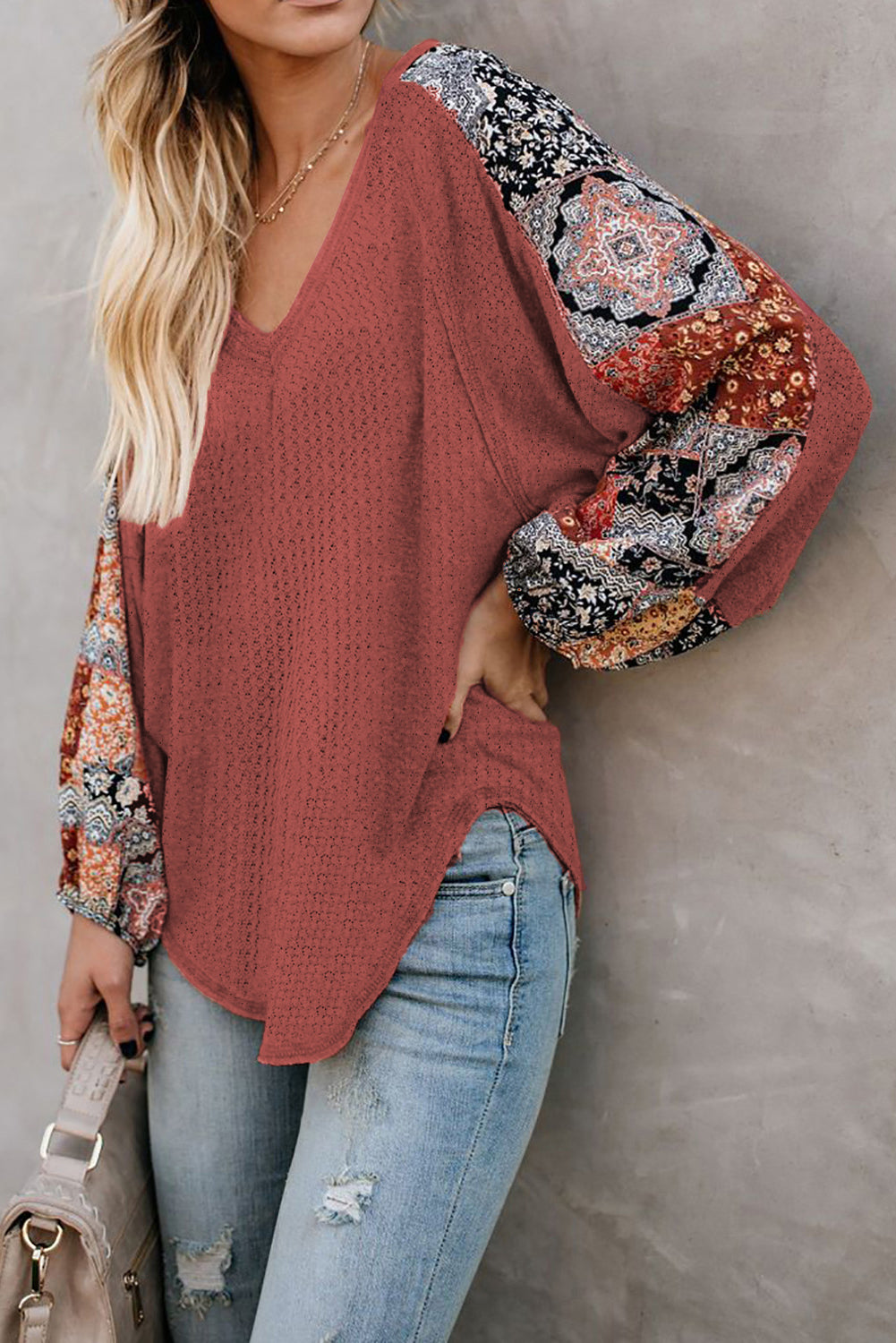 Blusa de punto gofrado con empalme de leopardo