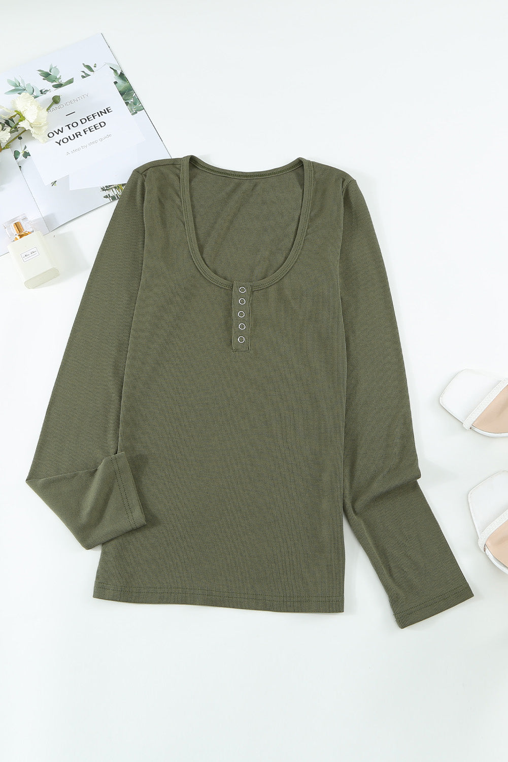 U Neck Button Knit Long Sleeve Top