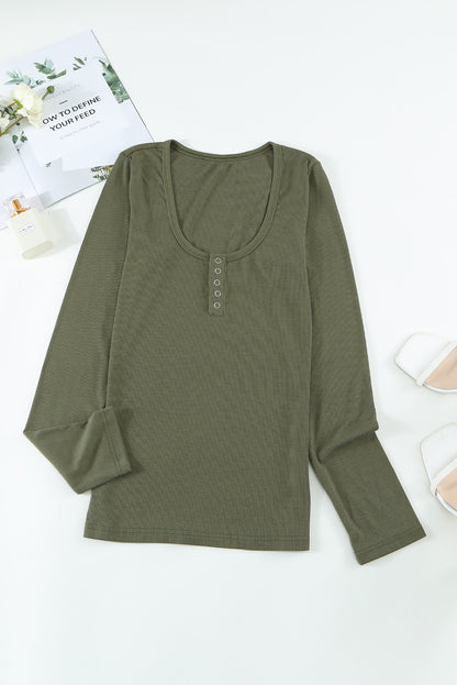 U Neck Button Knit Long Sleeve Top