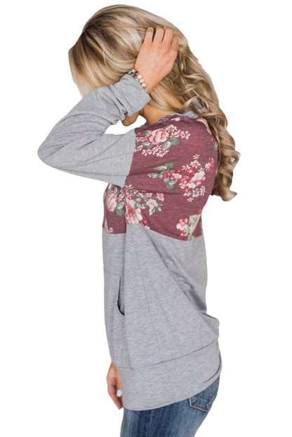 Sweat-shirt à col zippé et poche kangourou rose à imprimé floral
