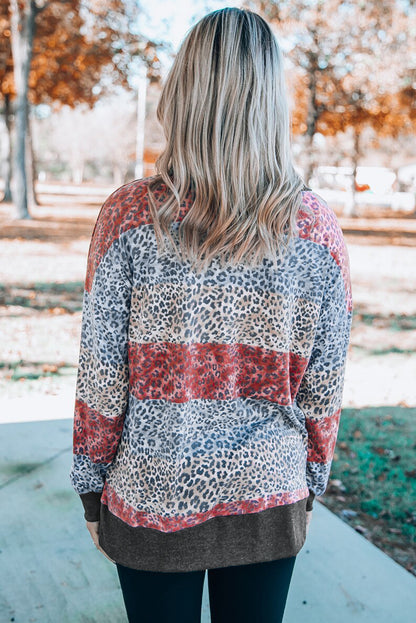 Top de bloque de color de leopardo con cuello en V y manga con hombros caídos