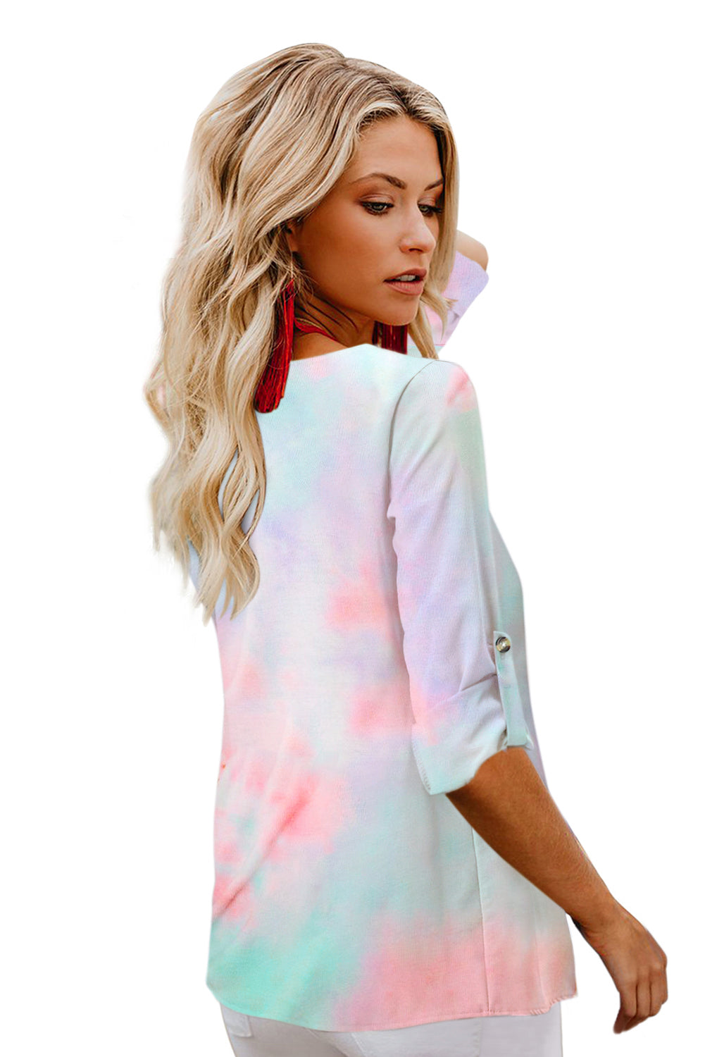 Chemisier tie-dye à manches longues et col en V avec fermeture à boutons 