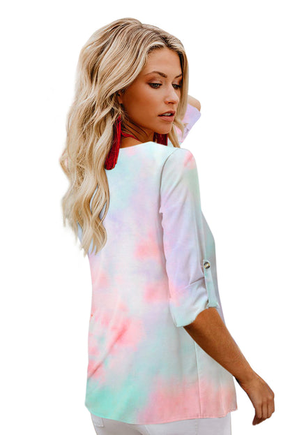 Chemisier tie-dye à manches longues et col en V avec fermeture à boutons 