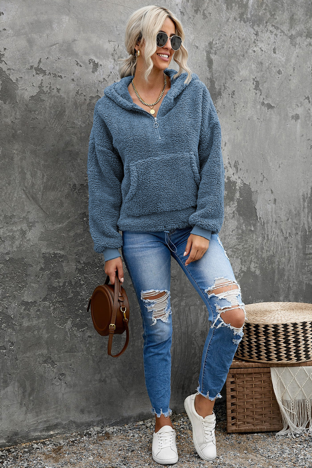 Sweat-shirt à capuche zippé 1/4 en sherpa avec kangourou