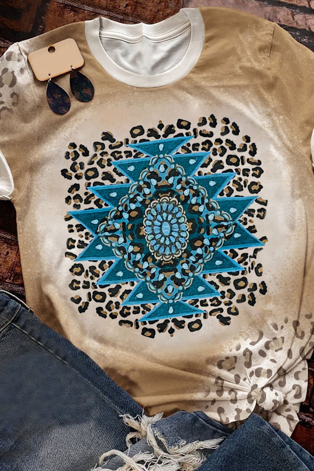 T-shirt kaki à manches courtes imprimé léopard et vache COWGIRL