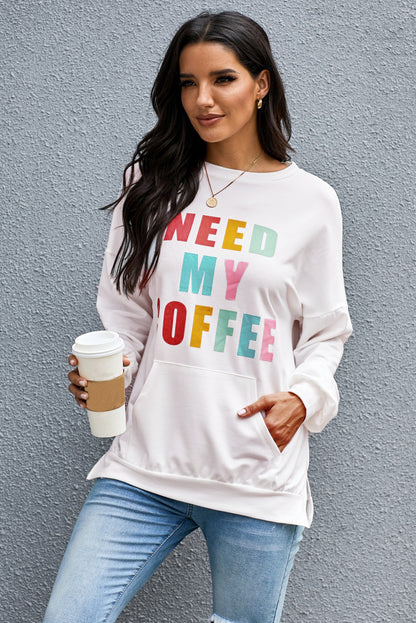 Need My Coffee Pocketed Pullover White Sweatshirt