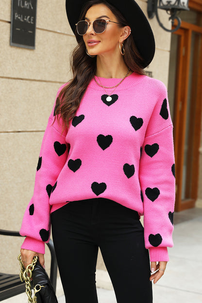 Heart Pattern Ribbed Trim Knit Sweater