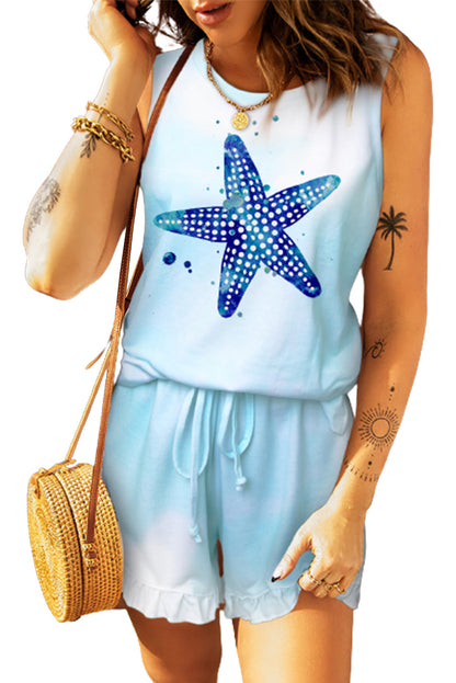 Débardeur bleu clair et short à volants 