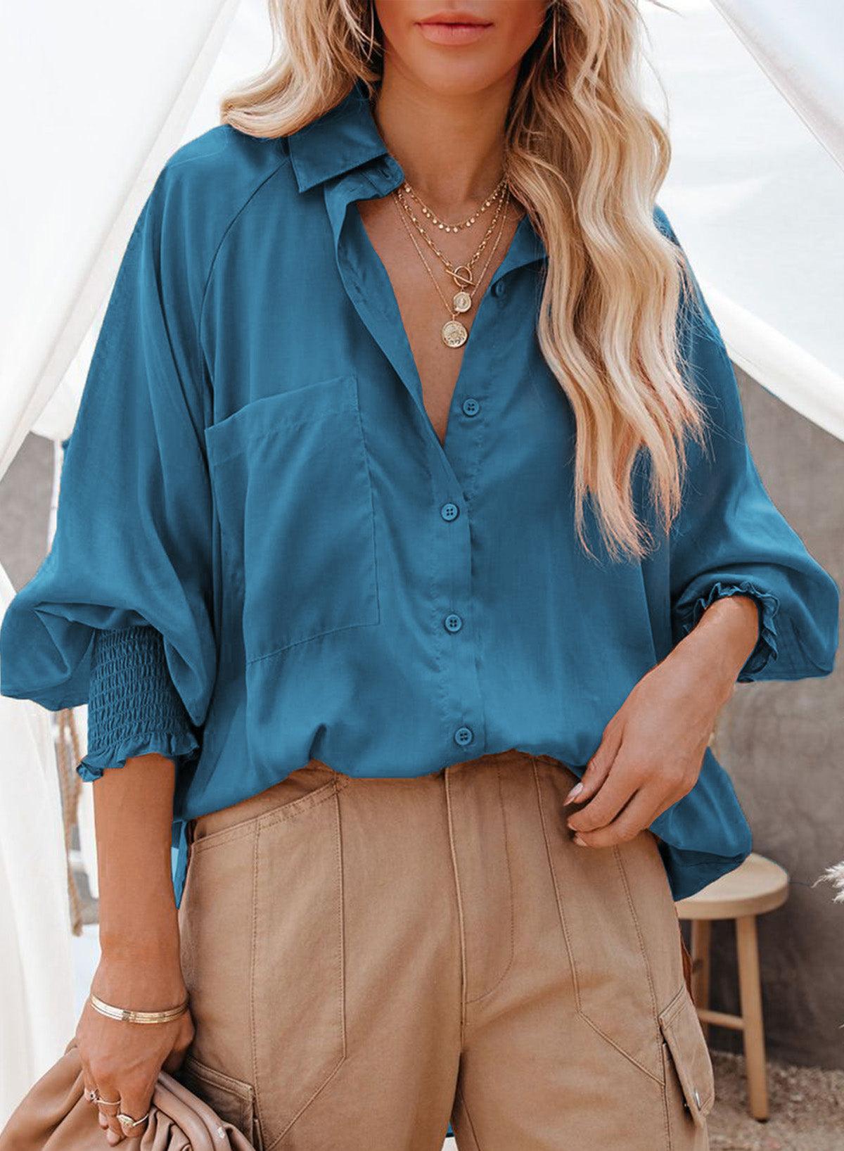 Billowy Sleeves Pocketed Shirt - HannaBanna Clothing