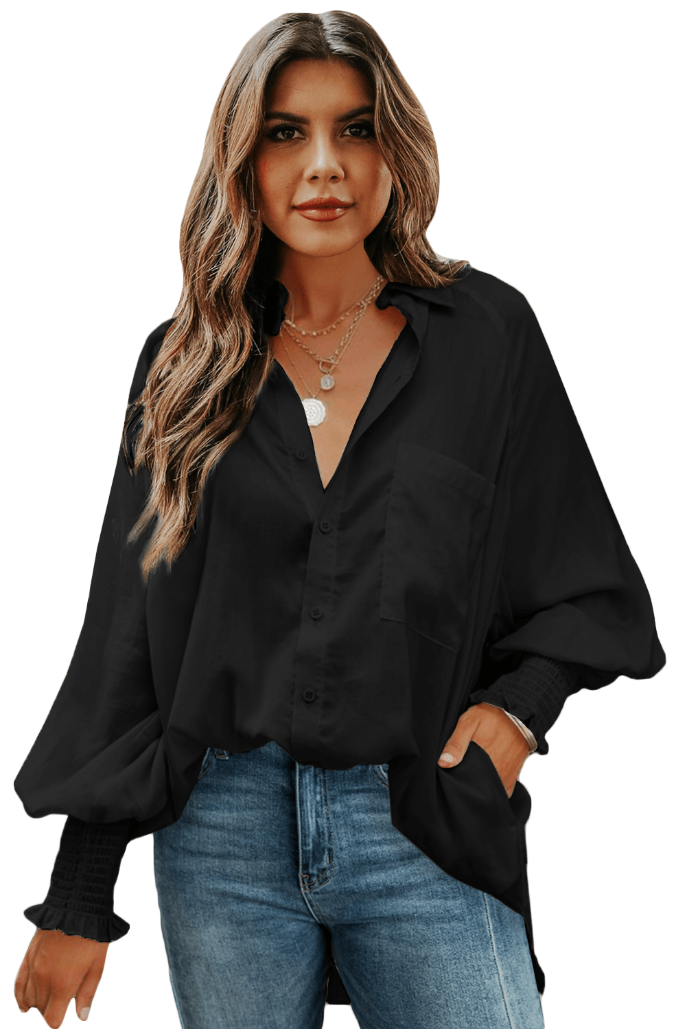 Billowy Sleeves Pocketed Shirt - HannaBanna Clothing