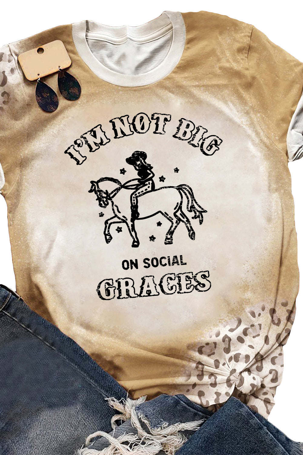 T-shirt kaki à manches courtes imprimé léopard et vache COWGIRL